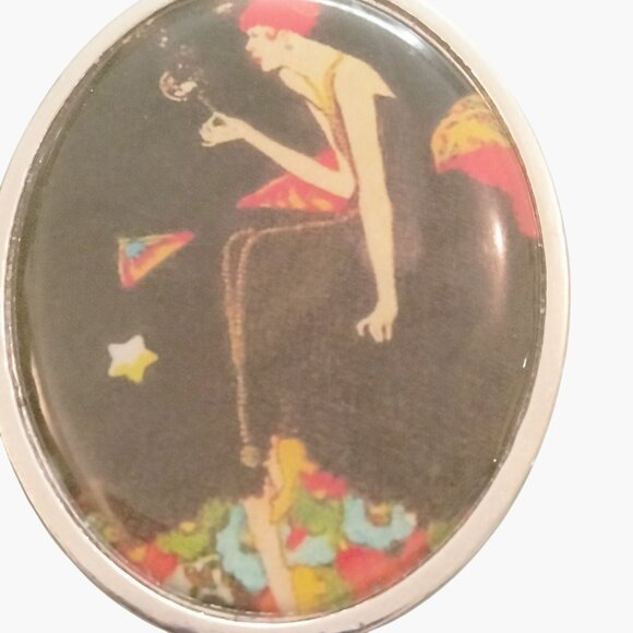 Art Deco Pendant Woman Flapper Silhouette Oval Cameo Cabochon - Picture 3 of 4